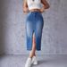 Cross-border 2024 European And American Fashion Trend Blue Denim With Slit, Bodycon A-line Long Skirt_ecoleips.com