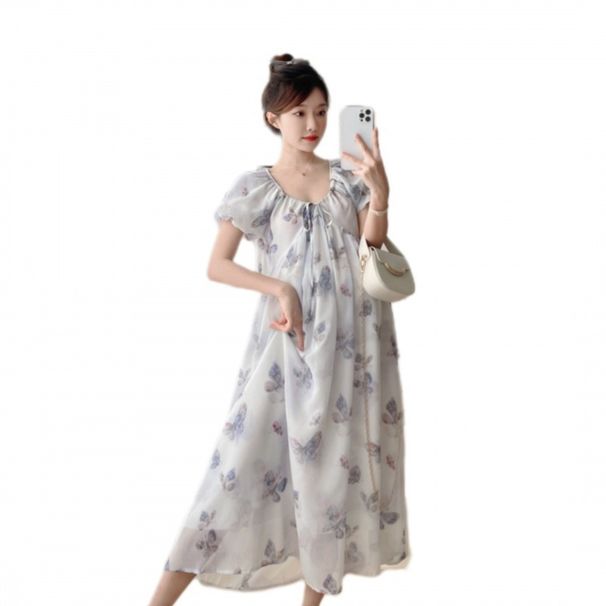 Real Shot Maternity Summer New Design V-neck Tieable Ink Painting Butterfly Loose Mid-length Dress_ecoleips.com