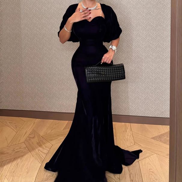 Women Sexy Sweetheart Neck Mermaid Dress Elegant Hight Waist Velvet Slim Prom Gowns Dress Casual Short Sleeve Solid Long Dress_ecoleips.com