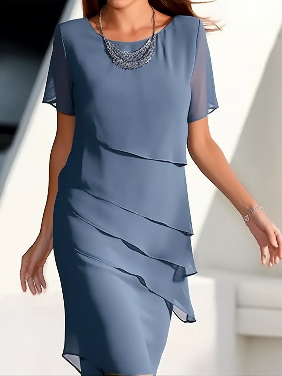 Women's Clothing Summer Dress Splicing Chiffon Round Neck Short Sleeved Dress_ecoleips.com