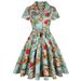 Aria Basics Aria Basics European And American Hepburn-style Vintage Lapel Open-front Short-sleeve Fresh Print Tie-waist Flared Dress With Belt,_ecoleips.com
