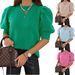 2025 Summer Cross-Border Trade Europe And America Casual Simple Round Neck Puff Sweater Solid Color Short Sleeve_ecoleips.com