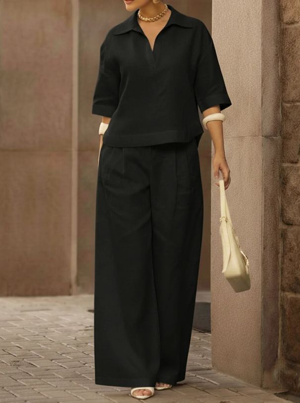 Women's Clothing Solid Color Casual Two Piece Set Spring Summer Collared Top Wide Leg Pants Fashionable_ecoleips.com