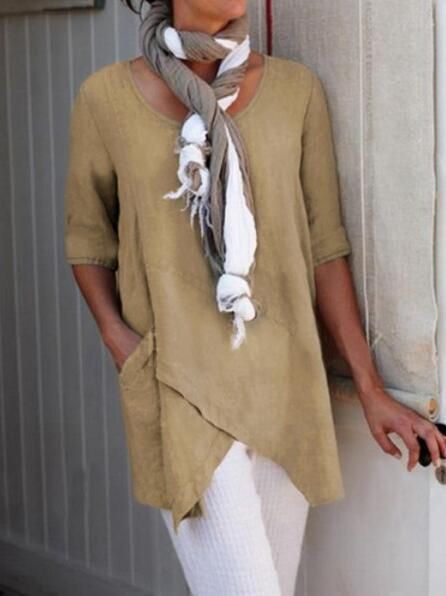 Women's Clothing Oblique Pocket Irregular Hem Round Neck Linen Mid Sleeve T Shirt_ecoleips.com