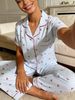 Women Pajamas Button Down Collar Short Sleeve Long Pants 2 Piece Set Spring Summer Cute Cherry Gingham Homewear_ecoleips.com