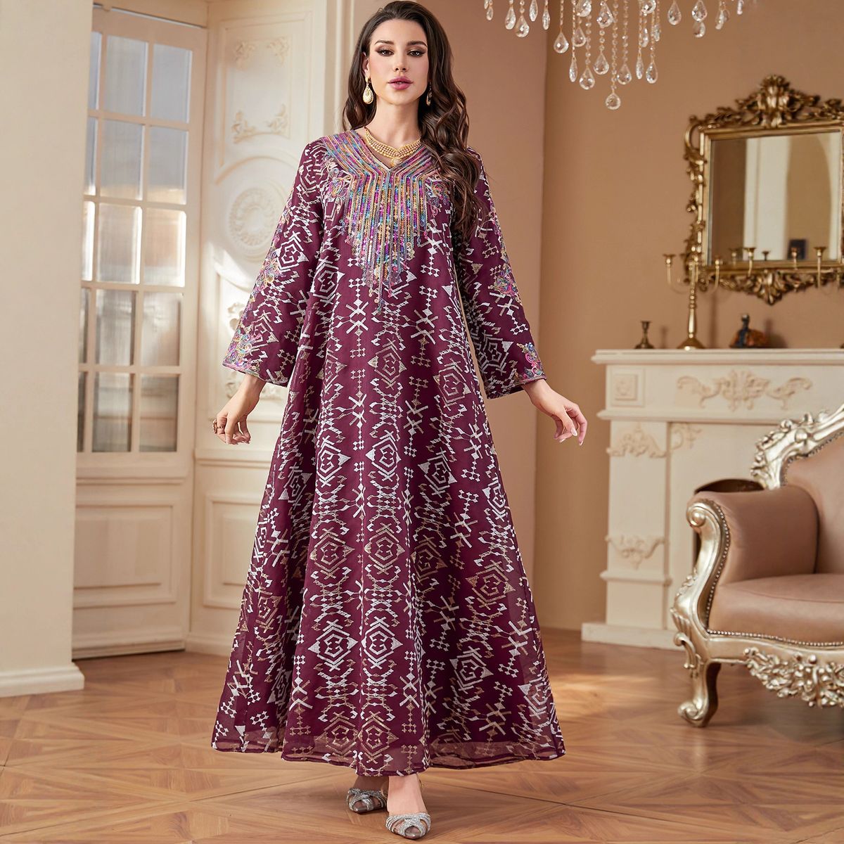 Women's Long Dress Embroidered Rope Cross Border Robe Muslim Fashion Ladies' Clothing_ecoleips.com