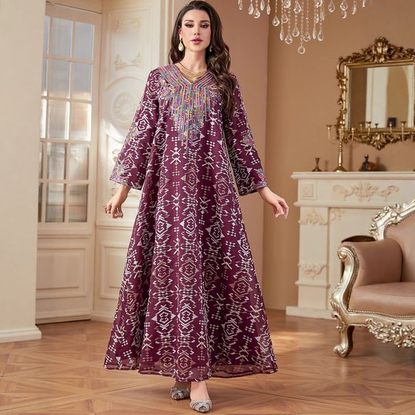 Women's Long Dress Embroidered Rope Cross Border Robe Muslim Fashion Ladies' Clothing_ecoleips.com