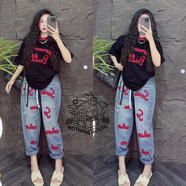 Women's Clothing Retro Fashion Two Piece Set Summer New Letter Print Short Sleeved Top With Wide Leg Pants Silk-Like Material Casual_ecoleips.com