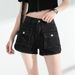2025s Summer New Women's Chic Black Washed Denim Shorts With Pockets, High Waist, Korean Style, Loose Fit, Girl Hot Pants_ecoleips.com