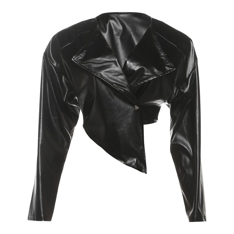 Women's Burgundy Faux Leather Cropped Jacket, Long Sleeve Asymmetric Hem Zip Up Outerwear, Slim Fit Streetwear Coat For Daily Casual Night Out, Stylis_ecoleips.com