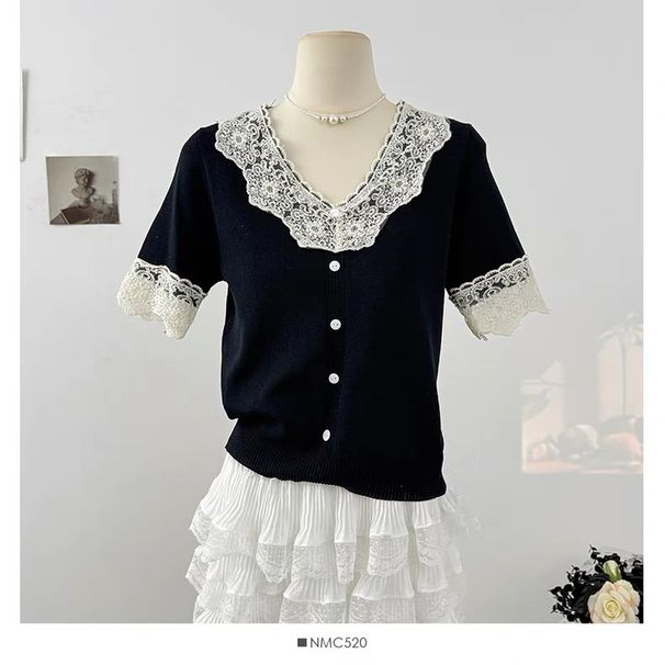 Women's Clothing Sweet Splicing Lace V Neck Short Sleeved Sweater For Women, New Summer Style, Slimming And Age Reducing Short Tops_ecoleips.com