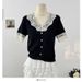 Women's Clothing Sweet Splicing Lace V Neck Short Sleeved Sweater For Women, New Summer Style, Slimming And Age Reducing Short Tops_ecoleips.com