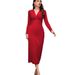 Women's French Elegant Style Dress Autumn And Winter V-neck Slim Slim Red Midi Skirt_ecoleips.com