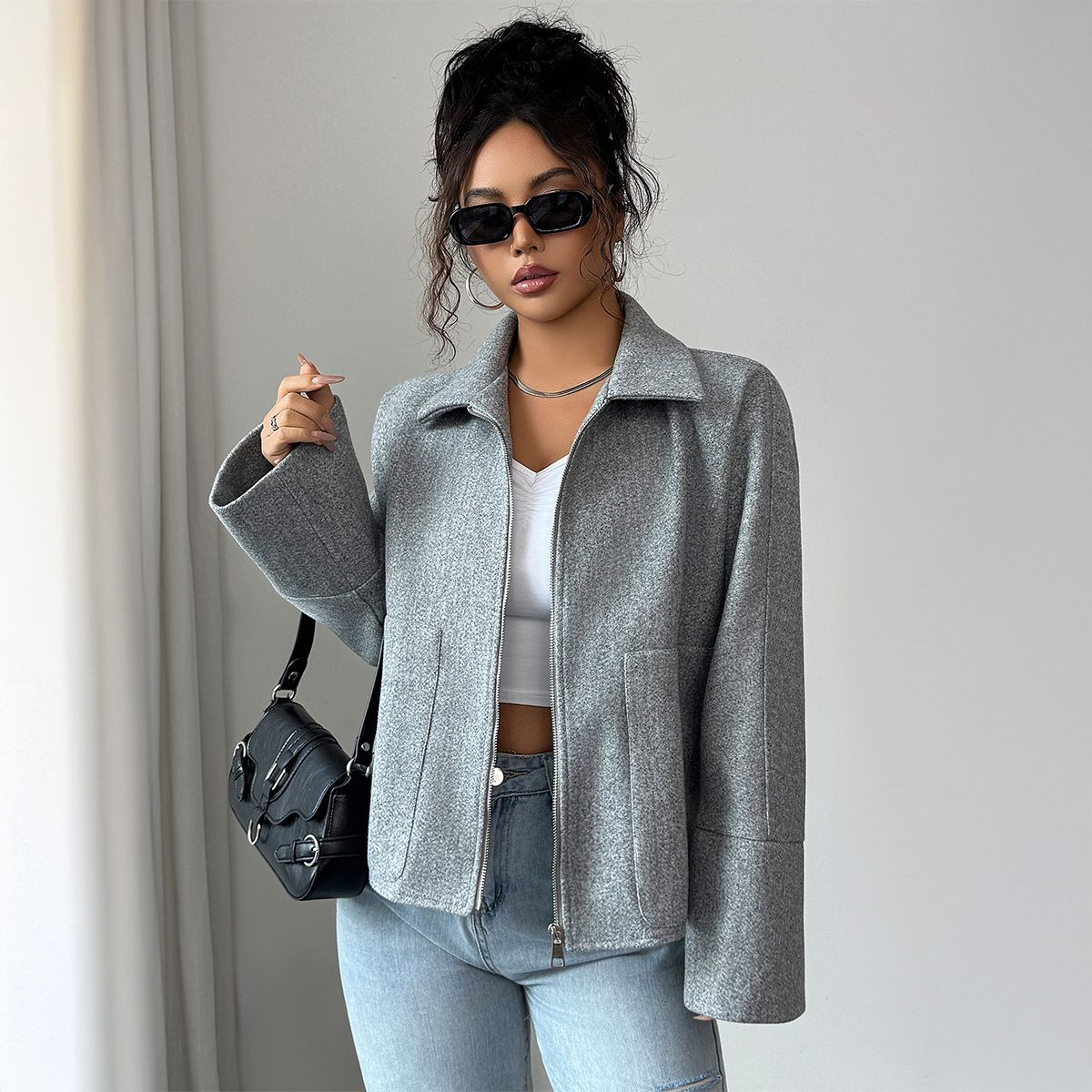 Women's Elegant High-Collar Zip-Up Long Sleeve Jacket - Polyester Woven Outerwear For Fall & Winter_ecoleips.com