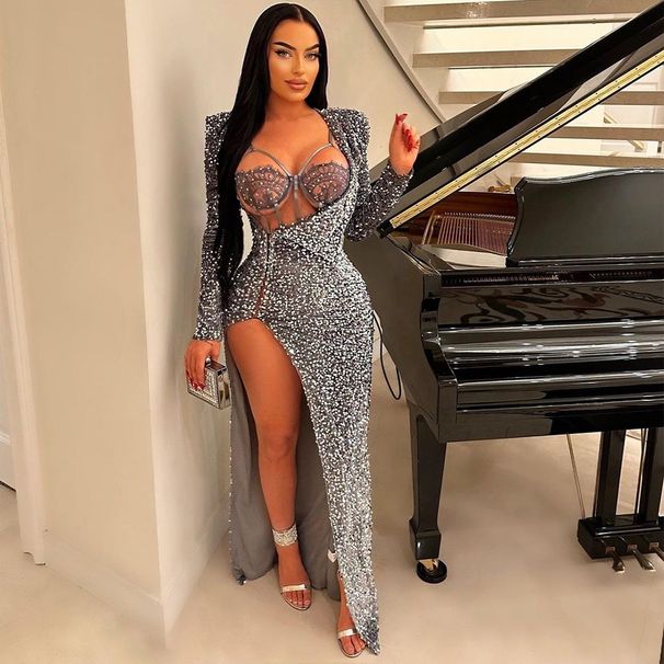 clothing solid color sequins sexy slit long skirt dress including sexy one-piece two-piece set_ecoleips.com