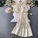 Heavy Duty Rhinestone Embellished Button Down Mesh Lantern Sleeve Two Piece Set Cross Border Trade Design Long Skirt Included_ecoleips.com