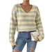 Women's V Neck Color Blocked Striped Pullover Sweater Drop Shoulder Short Long Sleeves Autumn Winter Style European American Cross Border Clothing_ecoleips.com