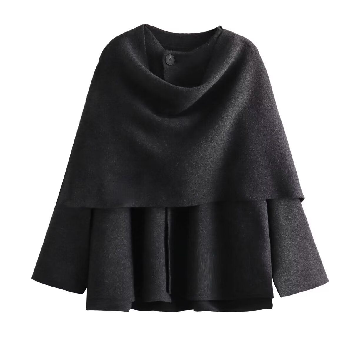 Elegant Asymmetrical Cape Knit Top – Women’s Long-Sleeve Scarf Neck Pullover, Loose Fit Boho Chic (Grey/Brown)_ecoleips.com