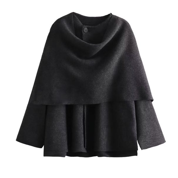 Elegant Asymmetrical Cape Knit Top – Women’s Long-Sleeve Scarf Neck Pullover, Loose Fit Boho Chic (Grey/Brown)_ecoleips.com