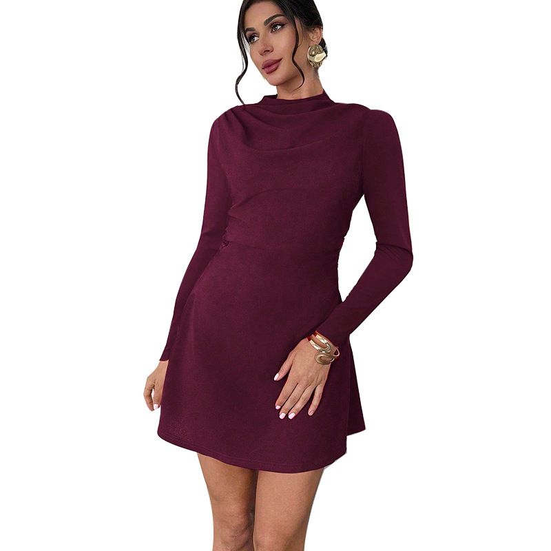 Slim Fit Long Sleeved Dress European American Style Semi High Neck A Line Skirt Women's Clothing_ecoleips.com