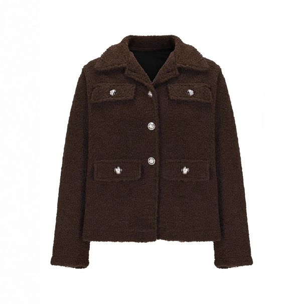 Women's Clothing Autumn New Fashion Solid Color Lapel Button Decorated Plush Coat_ecoleips.com