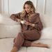 Women's Chocolate Brown Hooded Sweatshirt & Sweatpants Set – Single-Breasted Button Lace Long Sleeve Two-Piece Outfit (S-XXL)_ecoleips.com