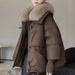 Women’s Short Puffer Coat With Faux Fur Collar – Winter Quilted Jacket, Loose Fit, Polyester Filling, Zipper Closure (Black/Brown, M-3XL)_ecoleips.com