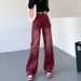 American Retro Red Jeans, Straight Loose Fit, Trendy Design, High-waisted, Slimming, Wide-leg Long Pants For Women_ecoleips.com