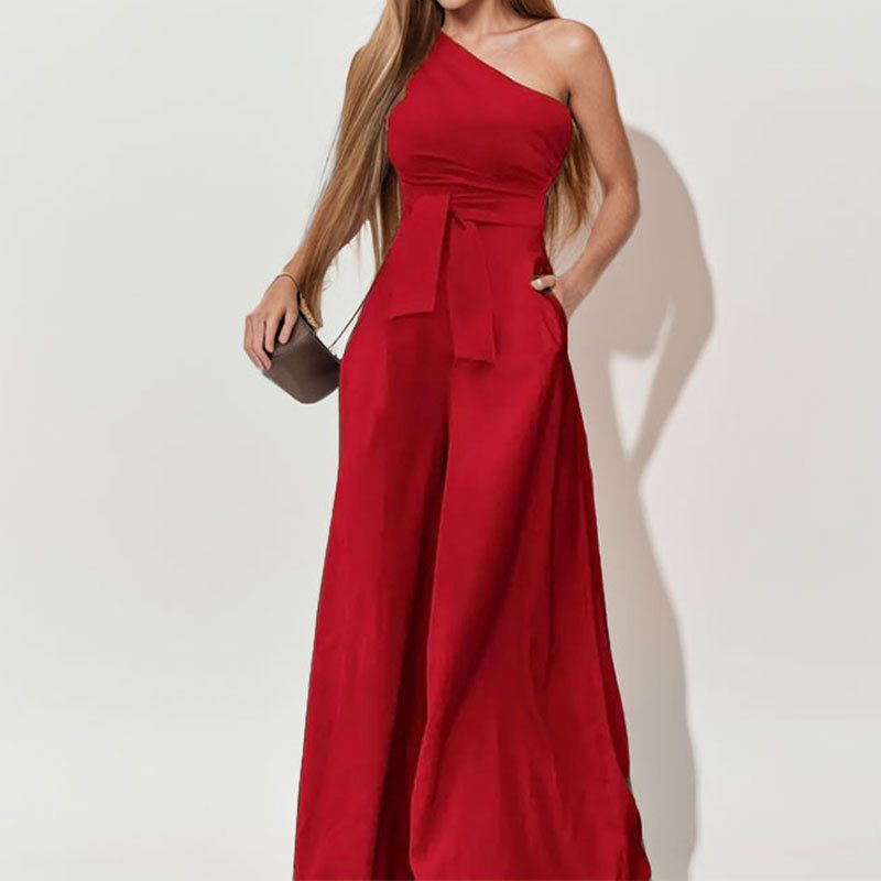 Women's Clothing Spring Women's Solid Color Off-Shoulder Jumpsuit Straight Leg Commuting Tie Detail Fashion Women's Clothing_ecoleips.com