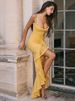 Mozision Ruffled Draped Ruched Sexy Maxi Dress For Women Yellow Spaghetti Strap Sleeveless Backless Club Party Sexy Long Dress_ecoleips.com