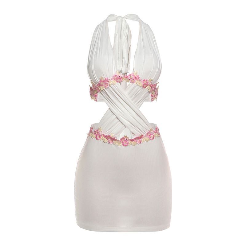Summer Slim Fit Women's Dress Style Sleeveless Halter Neck Tie Hollow Out Design Lace Bodycon_ecoleips.com