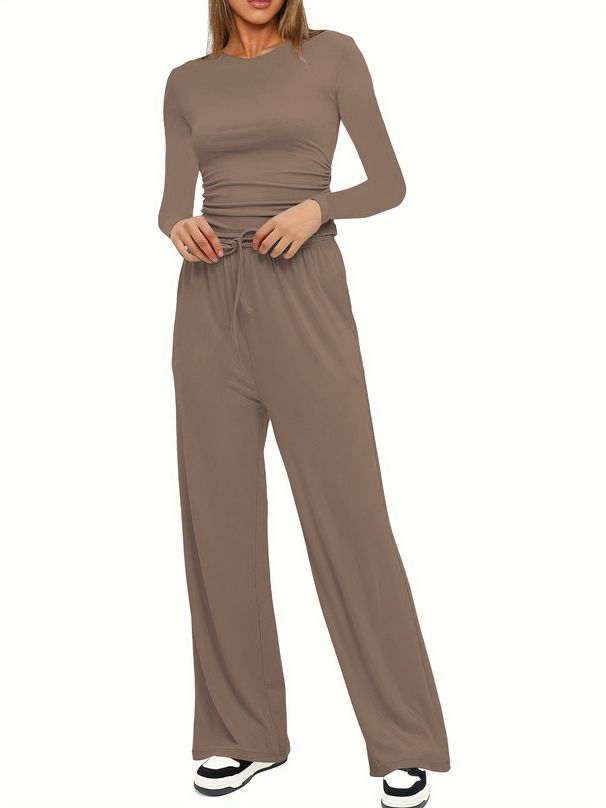 Kardashian-Inspired Solid Color Lounge Set – Long Sleeve Top & Wide-Leg Tie-Waist Pants (10 Colors, XS-XXL)_ecoleips.com