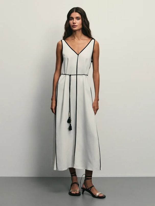 Modern Black & White Contrast Sleeveless Jumper Dress, Deep V-Neck Tie-Waist Bodycon Midi Dress For Women, Chic A-Line Shift Dress For Daily Wear_ecoleips.com