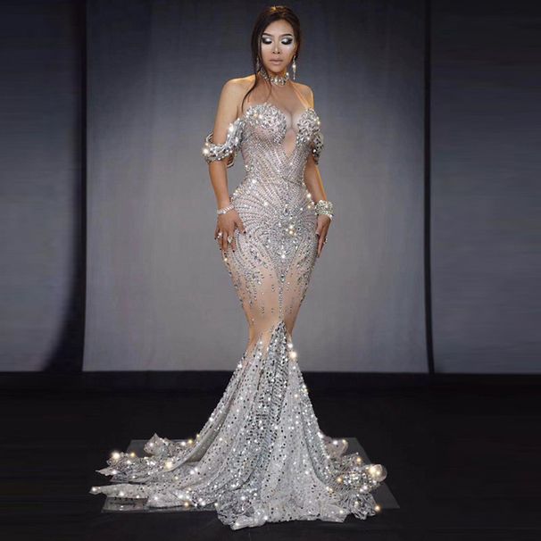 Women’s Clothing Show Bright Crystal Sequins Elegant Fishnet Dress Off Shoulder Wedding Dress_ecoleips.com
