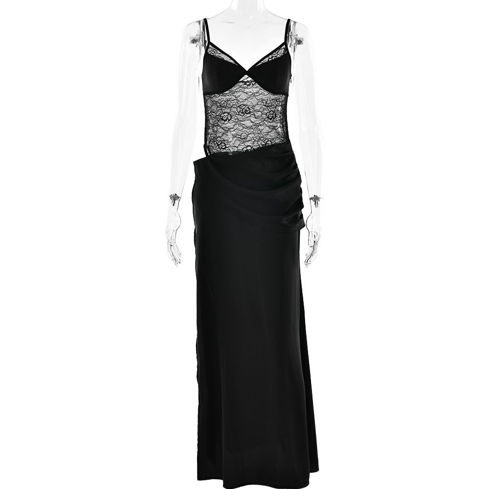 Absobe Satin Patchwork Sheer Lace Strap Split Maxi Dress Sexy Cut Out V-Neck Backless Slim Evening Slip Long Dress Partywear_ecoleips.com