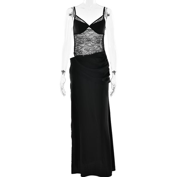 Absobe Satin Patchwork Sheer Lace Strap Split Maxi Dress Sexy Cut Out V-Neck Backless Slim Evening Slip Long Dress Partywear_ecoleips.com