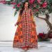 Women's Long Sleeve V-Neck Jalabiya Dress – Flowy Maxi Dress With Ethnic Print (Polyester, S-Xxl, Multi-Color)_ecoleips.com