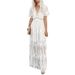 Women's Clothing Spring And Summer Lace Long Sleeved V Neck Solid Color Chiffon Summer Dress_ecoleips.com