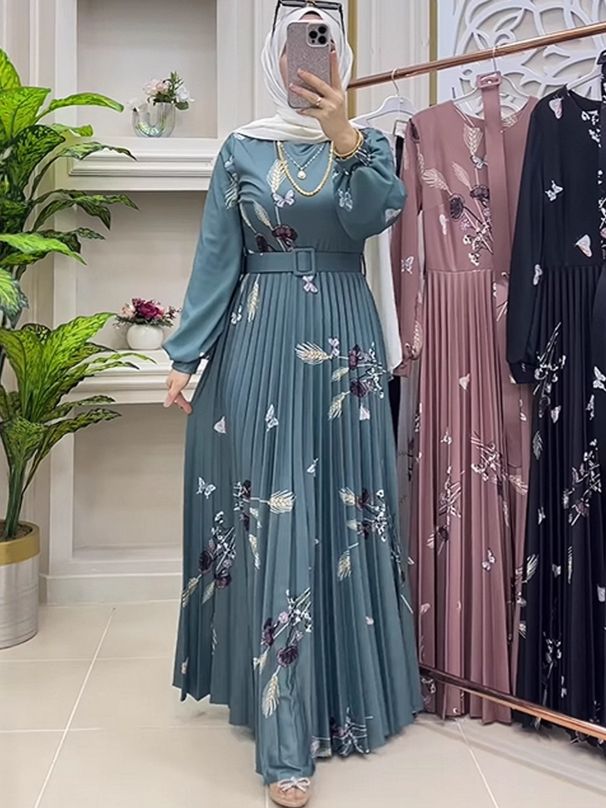 Muslim Dress Elegant Slim Waist Long Sleeve Dress For Women Print Fashion Design Autumn New Arrival_ecoleips.com