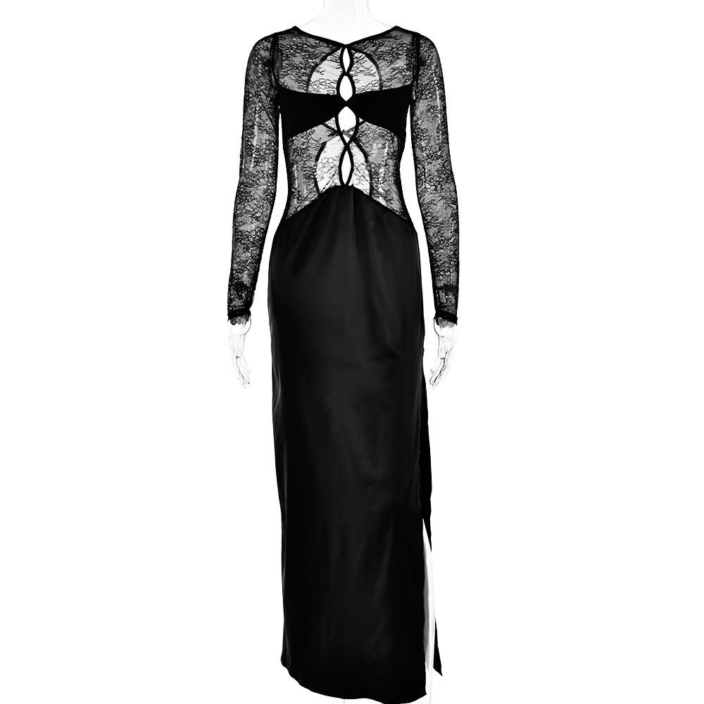 Women Popular Figure‑Flattering Maxi Dress With Delicate Lace Sheer Patchwork & Alluring High‑Slit Hem_ecoleips.com