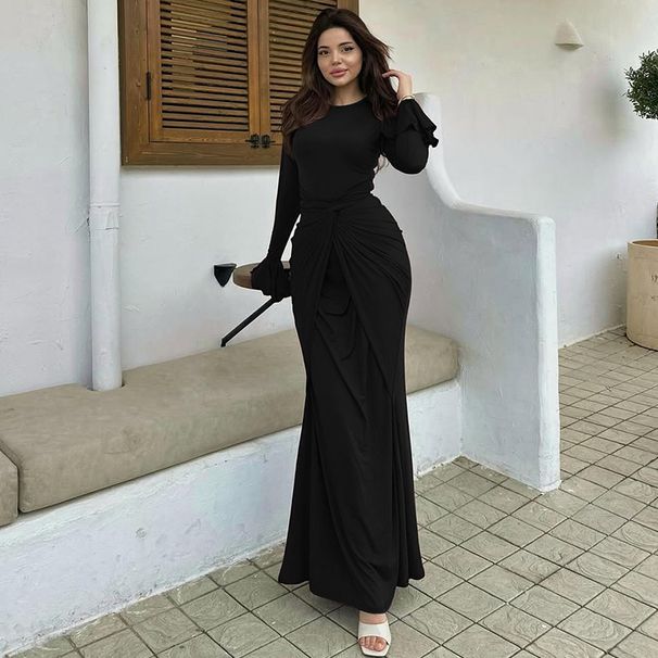 European And American Best-Selling Women's Clothing 2025 Autumn New Fashionable Elegant Waist-Cinching Belted Round-Neck_ecoleips.com