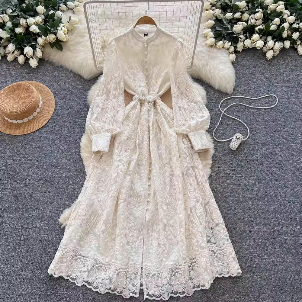 Women's Elegant Long Skirt Dress French Retro Court Style Beaded Single-Breasted Belted Embroidered Mesh Gown_ecoleips.com