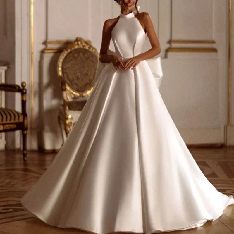 Women's Clothing Light Luxury High End Satin Wedding Dress Simple Sexy Front Slit Bride Out Of The Veil Classic Halter Neck Evening Dress_ecoleips.com
