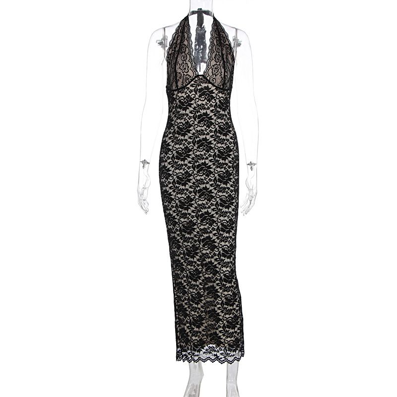 European American Style Women's Long 2025, Bestseller, Sexy Patchwork Halter Neck Lace Dress With Slit,_ecoleips.com