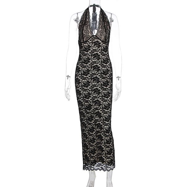 European American Style Women's Long 2025, Bestseller, Sexy Patchwork Halter Neck Lace Dress With Slit,_ecoleips.com