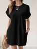 European And American 2025 Casual Solid Color Round Neck Bat Sleeve Invisible Pocket Loose Short Sleeve Dress_ecoleips.com