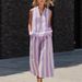 Women's Clothing Summer Women's Two Piece Set Zipper Stand Collar Shirt And Striped Trousers Sleeveless Clothing_ecoleips.com