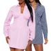 Women's Striped Button Down Collar Long Sleeve V Neck Slim Fit Dress Autumn_ecoleips.com