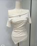 Design Sense Set Asymmetrical Off-Shoulder Top For Women With Tie And Slit Skirt, Ruched Slimming Summer Outfit_ecoleips.com