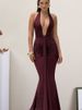 Elegant Halter Neck Sleeveless Backless Long Dress For Women Solid Color Sexy Deep V_ecoleips.com
